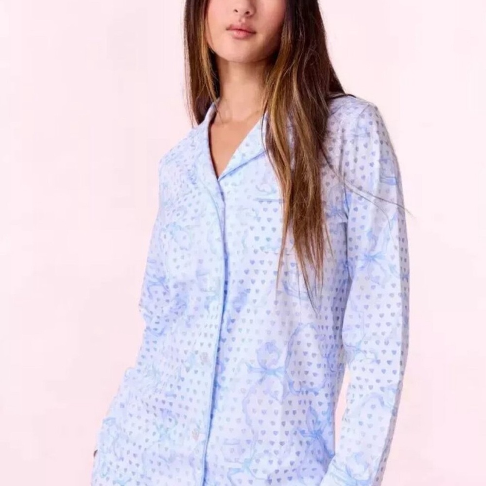 LoveShackFancy x Roller Rabbit Blue Luna Bow Hearts Polo Long Sleeve Pajamas - Picture 5 of 11